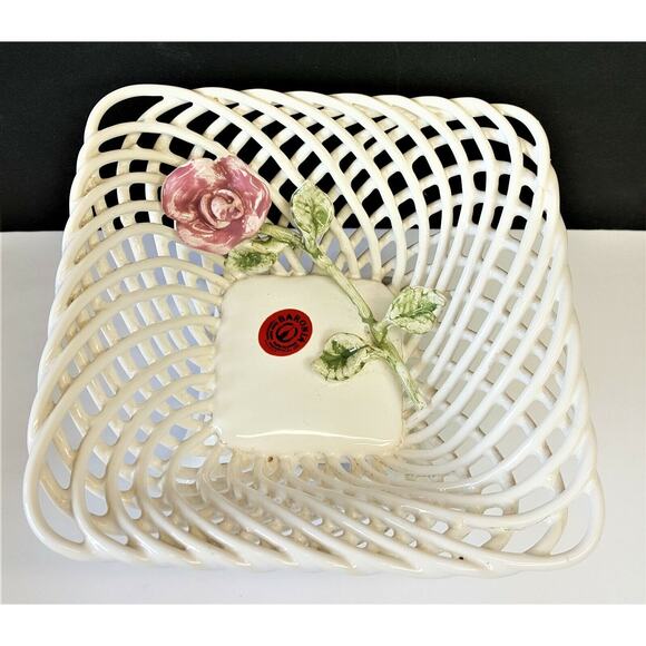 Set/2 Baronia Oval Square Flower Bowls Poland Polish Open Lattice Ceramic Rose - Picture 5 of 10